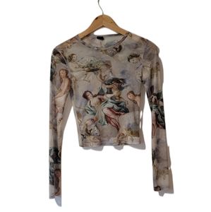 Urban Outfitters UO Mona Sheer Mesh Long Sleeve Top Floral Multi